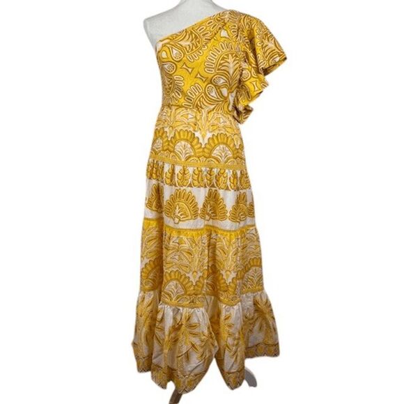 NWT Farm Rio Ainika Tapestry Yellow One Shoulder Maxi Dress Seashell Size Small - Picture 3 of 16